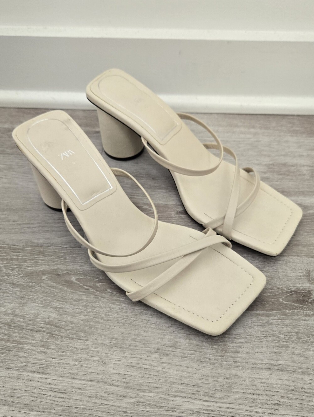Zara Cream Strappy Square Toe Block Heel Sandals, EU 40 / US 9